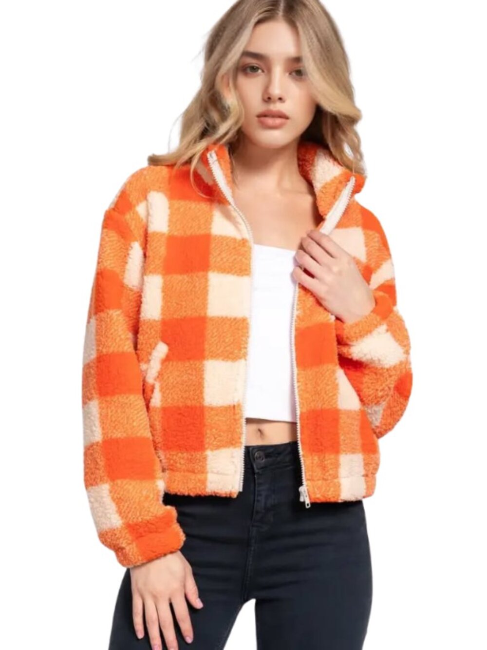 ❤️ 5/$25 Checker Sherpa Jacket in Orange & Cream LAST ONE 🔥 Size S